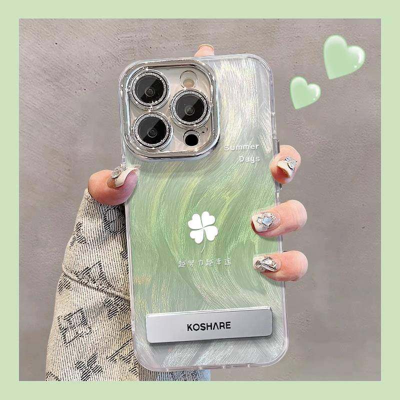 适用苹 果15ProMax手机保护壳iphone14新款高级感简约四叶草ip13全包12防摔带支架镜头膜11专用矽胶手錬保护