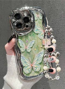 电镀银油画 画风绿色蝴蝶适用小米civi4pro手机保护壳红米note13pro新款k70/k60/k50/k40s小清新MI13/12/11/1