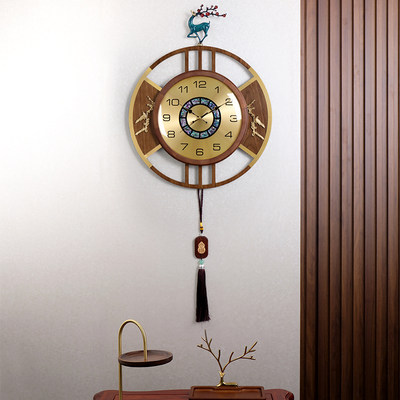 汉时金属实木新中式圆形挂钟