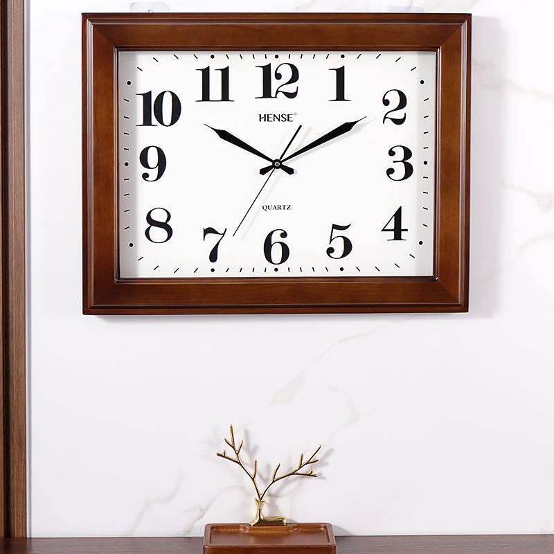 汉时客厅方形挂钟钟表加大号实木时钟中式复古装饰挂表石英钟HW30