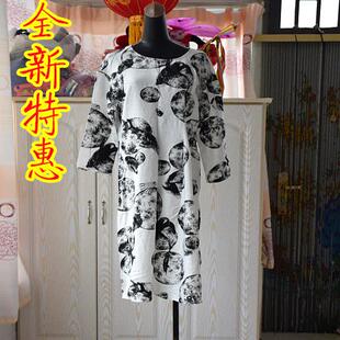 包邮品牌女装样衣白色印花长袖连衣裙打折清仓特价显瘦春秋长裙