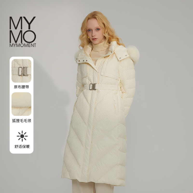 MYMO连帽狐狸毛领长款羽绒服