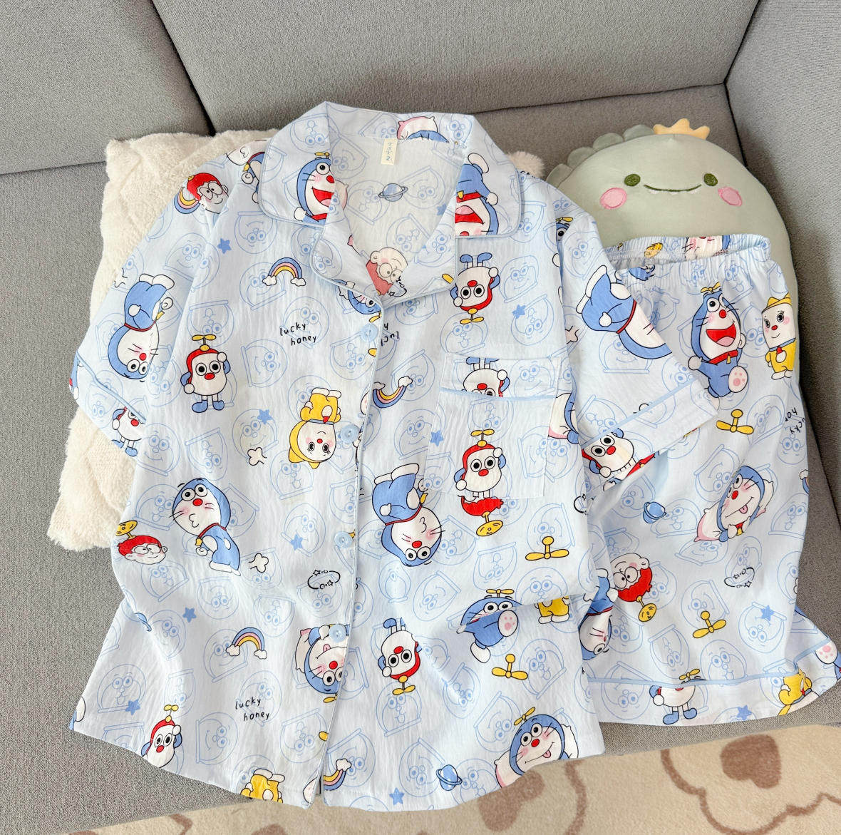 云朵棉夏季卡通哆啦A梦睡衣女短睡袍/浴袍