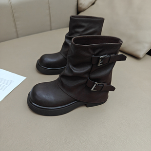管堆堆短靴 裤 厚底增高马丁靴女2025秋冬新款 复古英伦风皮带扣时尚