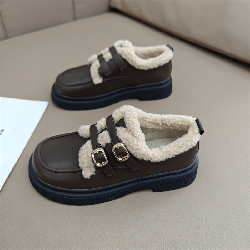 真皮乐福鞋加绒棉鞋制服鞋2025年冬季时尚英伦风雪地靴毛毛羊羔鞋