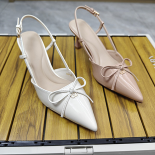 蝴蝶结凉鞋 后空尖头细跟浅口性感单鞋 女2026新款 绝美裸粉色高跟鞋