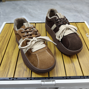 英伦风复古真皮德训鞋女2025冬季加绒厚底松糕休闲鞋双带百搭板鞋