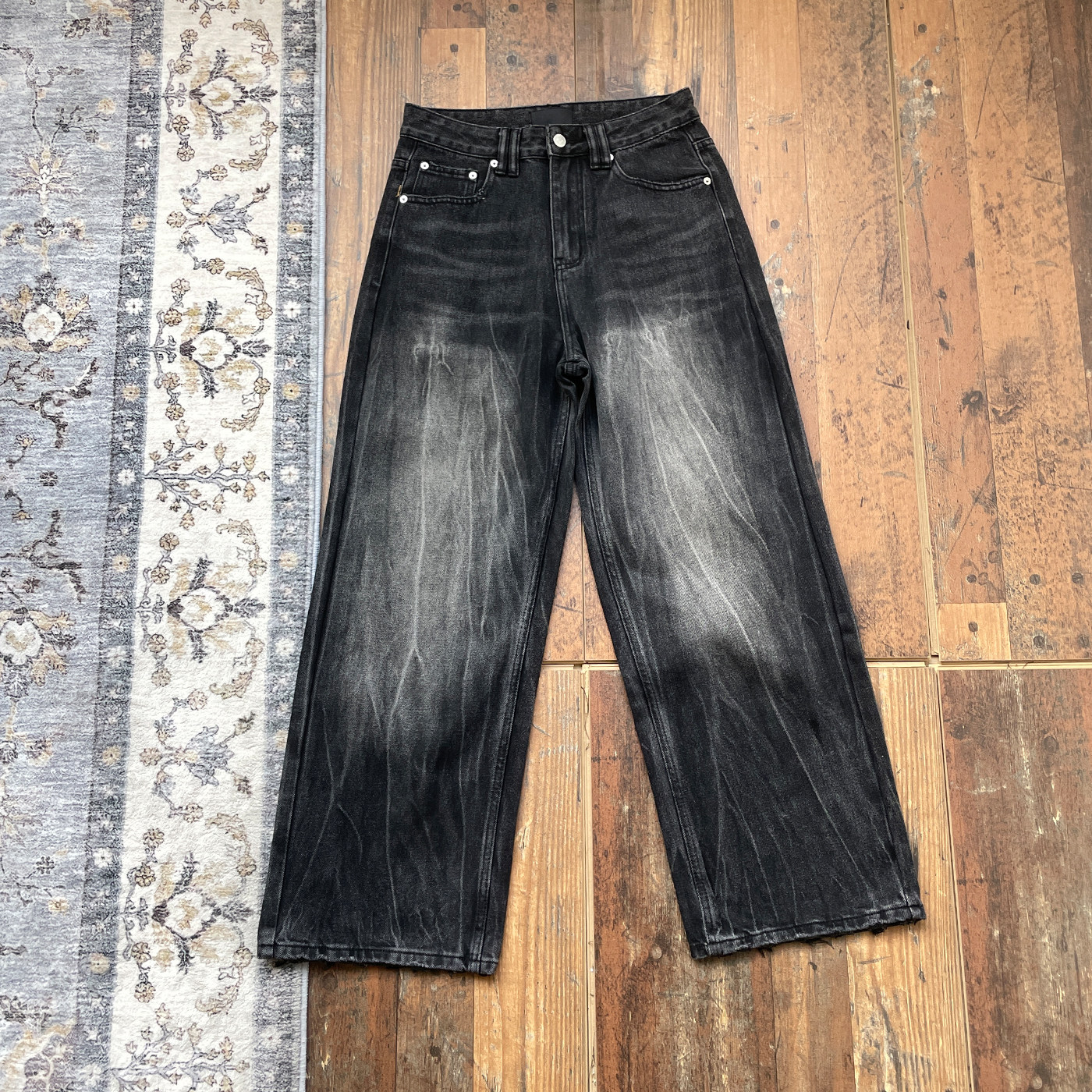 WHOA HA复古雾黑水洗做旧直筒牛仔裤男女宽松阔腿vintage长裤14oz