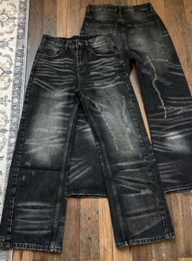WHOA HA复古水洗做旧破坏猫须黑色牛仔裤男女宽松直筒长裤vintage