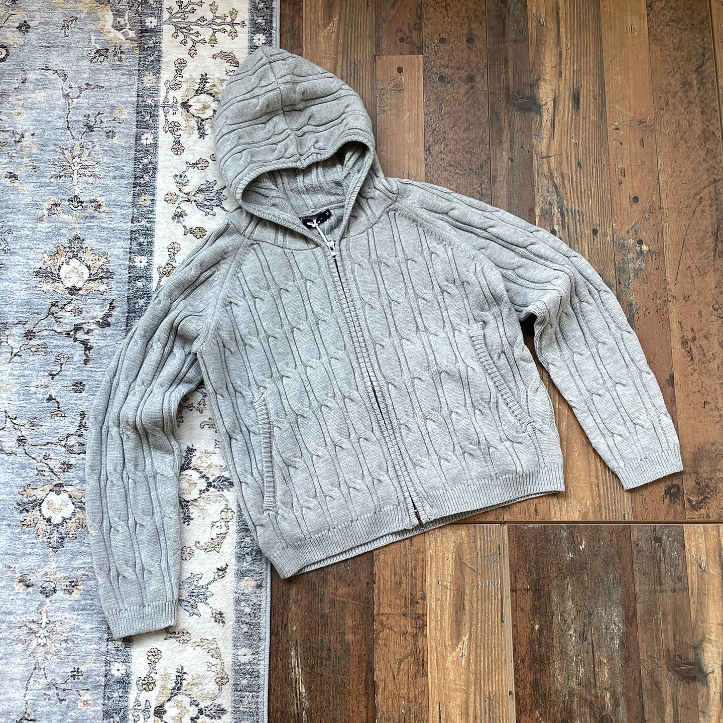 WHOA HA复古绞花连帽浅灰色boxy拉链针织开衫毛衣外套cleanfit