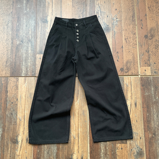 WHOA HA复古黑色弯刀打褶排扣宽松baggy牛仔裤