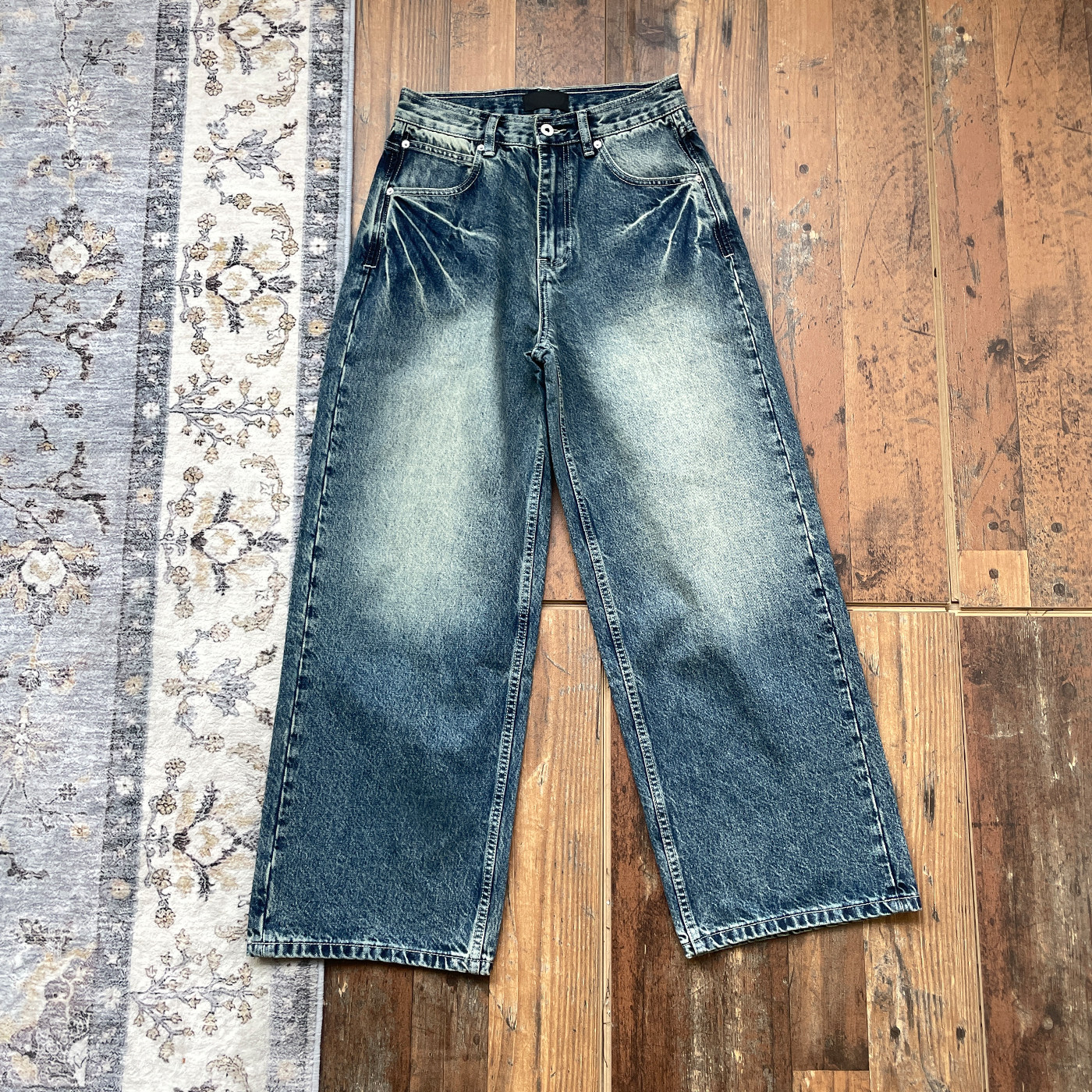 WHOA HA复古【爪痕】水洗做旧深蓝直筒牛仔裤男女vintage长裤14oz