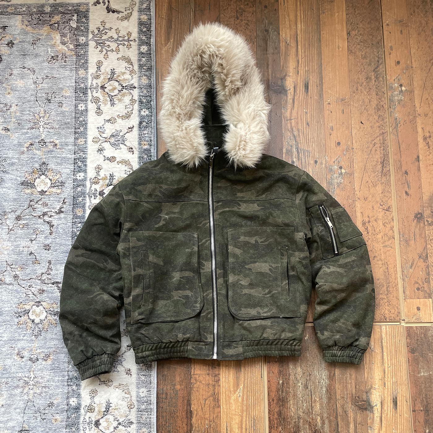 WHOA HA复古迷彩做旧毛领连帽棉衣男女冬季飞行员夹克外套bomber