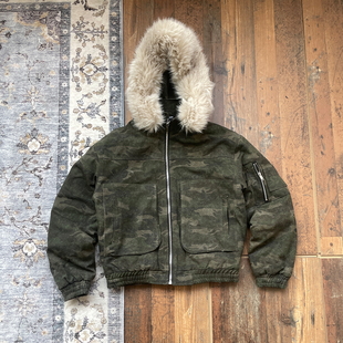 WHOA HA复古迷彩做旧毛领连帽棉衣男女冬季飞行员夹克外套bomber