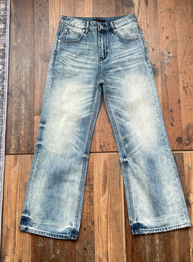 WHOA HA复古水洗猫须做旧vintage牛仔裤男女宽松直筒长裤