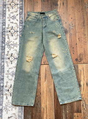 WHOA HA复古水洗破洞牛仔裤男宽松直筒阔腿长裤做旧newvintage