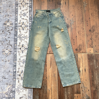 WHOA HA复古水洗破洞牛仔裤男宽松直筒阔腿长裤做旧newvintage