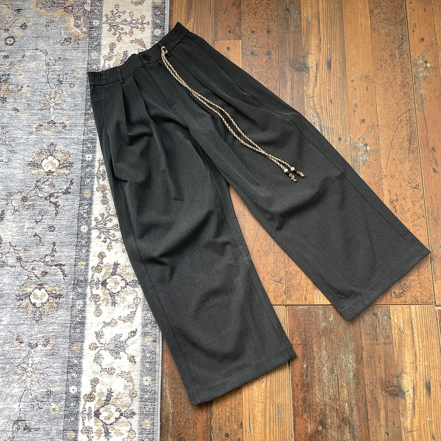 WHOA HA麻绳吊坠装饰西裤男女新款A字打褶高腰垂感阔腿裤新贵老钱