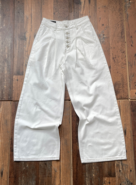 WHOA HA复古白色弯刀宽松baggy打褶牛仔裤纽扣长裤vintage