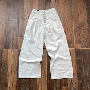 vintage 纽扣长裤 WHOA HA复古白色弯刀宽松baggy打褶牛仔裤