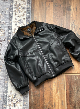 WHOA HA!复古毛领皮衣男短款宽松廓形夹克黑色翻领外套痞帅座山雕