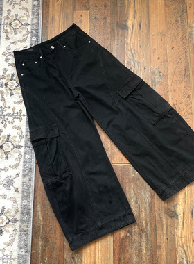 WHOA HA!工装风多口袋黑色弯刀牛仔阔腿裤宽松高腰长裤boxy