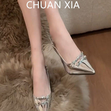 羊皮版~银色镂空蝴蝶结包鞋女真皮法式细跟高跟鞋高级感包头凉鞋,女鞋,浅口单鞋,淘宝优惠券,粉丝福利购,淘宝优惠卷