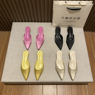 时尚 2025春夏新款 缎面百搭包头凉拖 复古尖头低跟穆勒懒人拖鞋 法式