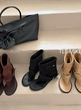 TLE MIKELIN 韩版磨砂皮短筒时装靴女粗跟尖头皮带扣显瘦百搭短靴