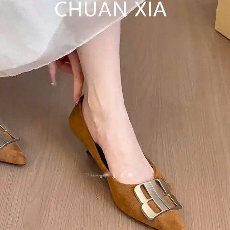 羊皮版~复古绒面棕色金属扣单鞋女法式通勤软底小猫跟尖头高跟鞋,女鞋,浅口单鞋,淘宝优惠券,粉丝福利购,淘宝优惠卷