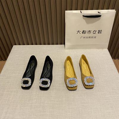 韩版方头平底单鞋2025春秋水钻扣