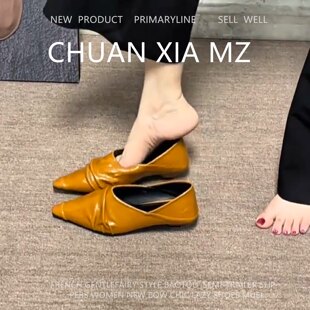 羊皮版~法式复古尖头包鞋女褶皱设计感浅口瓢鞋通勤小猫跟高跟鞋
