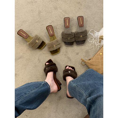 fants毛毛拖鞋女坡跟方