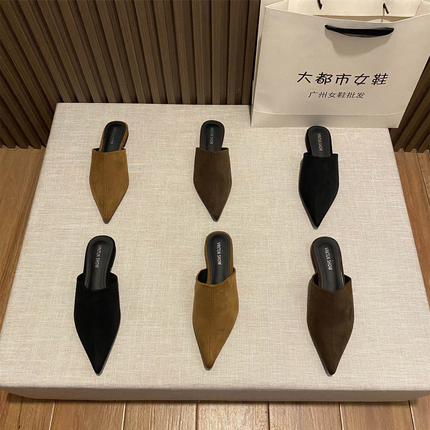 绒面尖头2025春夏季新款平底外穿包头半拖显瘦低跟拖鞋外穿穆勒鞋,女鞋,包头拖,淘宝优惠券,粉丝福利购,淘宝优惠卷