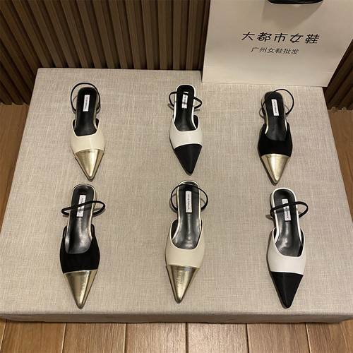 法式低跟小众包头拖鞋仙女鞋拼色