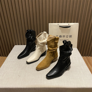 复古粗跟短靴女2025年新款V口短筒褶皱 堆堆瘦瘦靴法式裸靴西部靴