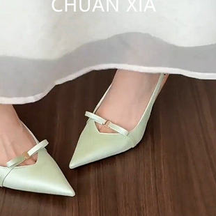 羊皮版 女小香风细跟高跟鞋 真皮蝴蝶结包头凉鞋 绝美镂空尖头包鞋