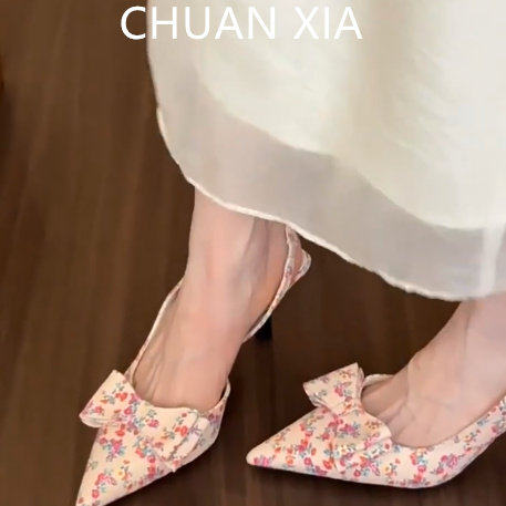 羊皮版！欧美小香风尖头高跟鞋女碎花蝴蝶结包头凉鞋细跟真皮包鞋,女鞋,浅口单鞋,淘宝优惠券,粉丝福利购,淘宝优惠卷