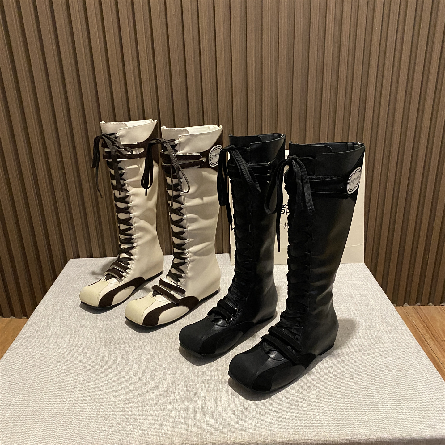 方头内增高绑带百搭显瘦骑士靴