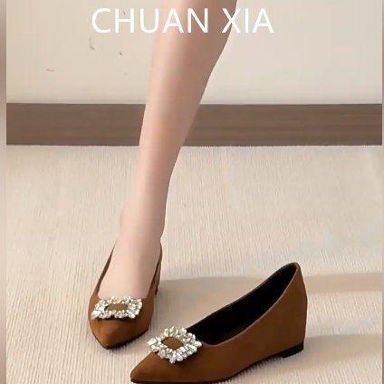 羊皮版~法式通勤尖头包鞋女真皮内增高玛丽珍鞋气质水钻浅口瓢鞋,女鞋,浅口单鞋,淘宝优惠券,粉丝福利购,淘宝优惠卷