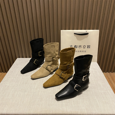 方头粗跟短靴女韩版皮带扣小众