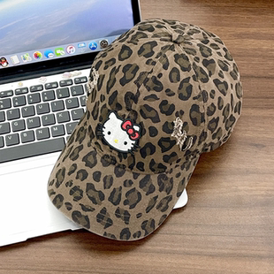 三丽鸥正版 凯蒂猫可爱豹纹夏威夷黑皮棒球帽女可爱蝴蝶结刺绣遮阳