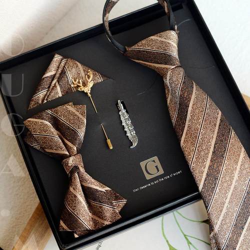 暖棕藤蔓领带男复古商务休闲高级感英伦领结西装口袋巾套装送礼物