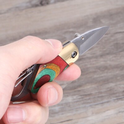 Mini Folding Knife Outdoor Camping Survival Wood Handle KeyC