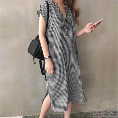 欧美宽松短袖格子V领开叉