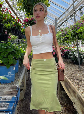 2024women clothes 小清新蝴蝶结减龄包臀裙中长款浅绿色高腰开叉