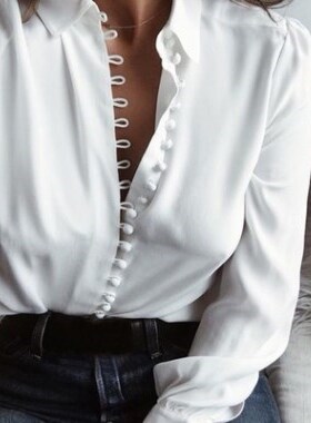 2018 women lapel White blouse Loose long sleeve shirt 女衬衣