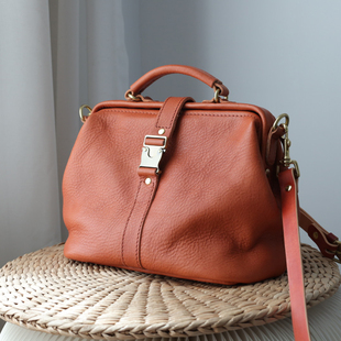 医生包手工复古手提口金包真皮斜挎包大号棕色 软皮 切線派