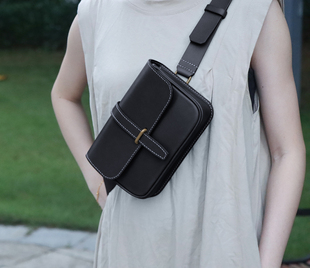 男女单肩斜挎包 大号手缝植鞣牛皮真皮扣条胸包 切線派