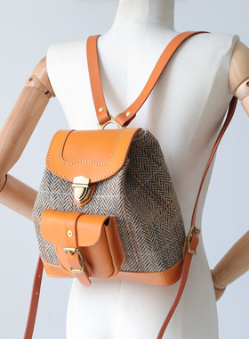 【羊毛拼皮】Harris Tweed 女士背包复古文艺女包 秋冬女士包包